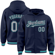 Charger l&#39;image dans la galerie, Custom Navy Gray-Teal Bomber Full-Snap Varsity Letterman Hoodie Jacket
