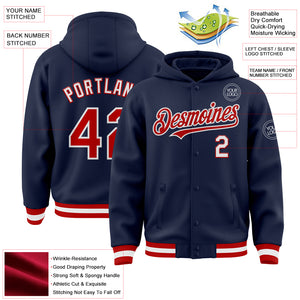 Custom Navy Red-White Bomber Full-Snap Varsity Letterman Hoodie Jacket