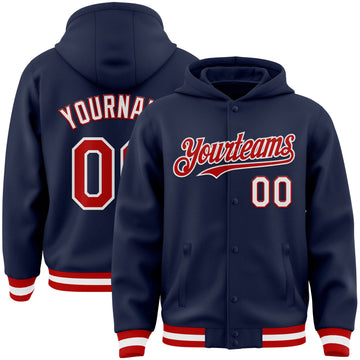 Custom Navy Red-White Bomber Full-Snap Varsity Letterman Hoodie Jacket