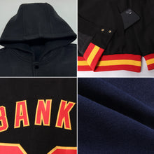 Laden Sie das Bild in den Galerie-Viewer, Custom Navy Red-Gold Bomber Full-Snap Varsity Letterman Hoodie Jacket
