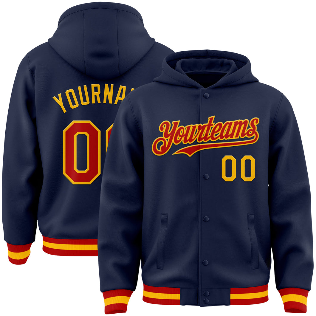 Custom Navy Red-Gold Bomber Full-Snap Varsity Letterman Hoodie Jacket