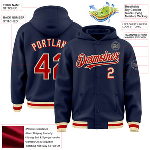 Custom Navy Red-Cream Bomber Full-Snap Varsity Letterman Hoodie Jacket