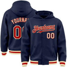 Load image into Gallery viewer, Custom Navy Red-Cream Bomber Full-Snap Varsity Letterman Hoodie Jacket
