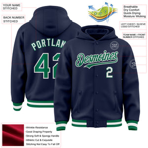 Custom Navy Kelly Green-White Bomber Full-Snap Varsity Letterman Hoodie Jacket