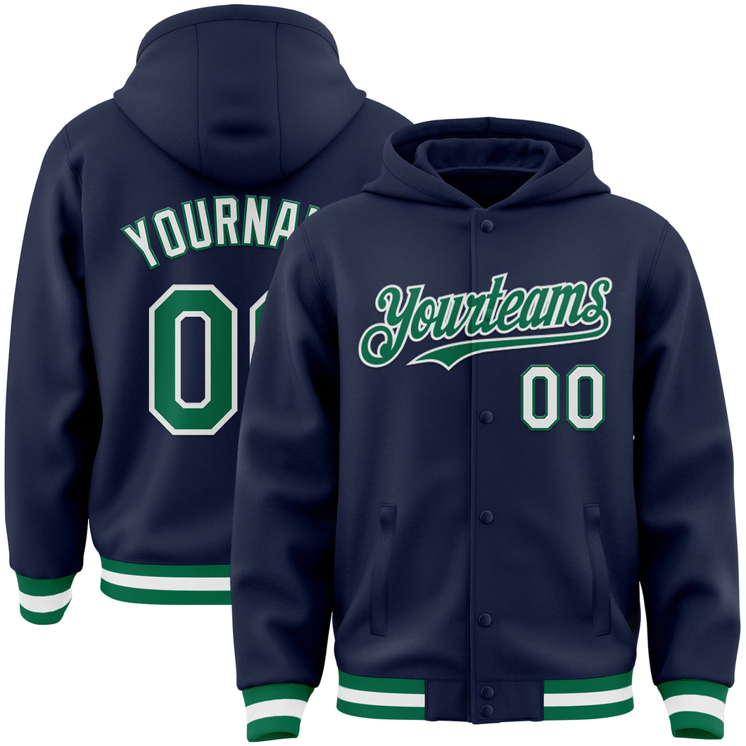 Custom Navy Kelly Green-White Bomber Full-Snap Varsity Letterman Hoodie Jacket