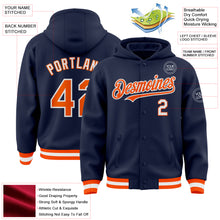 Load image into Gallery viewer, Custom Navy Orange-White Bomber Full-Snap Varsity Letterman Hoodie Jacket
