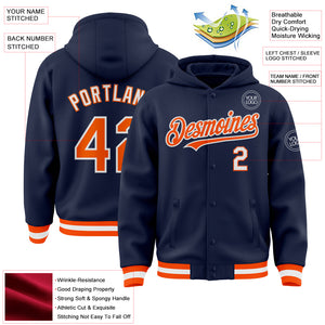 Custom Navy Orange-White Bomber Full-Snap Varsity Letterman Hoodie Jacket