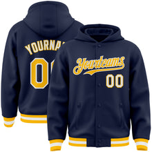 Charger l&#39;image dans la galerie, Custom Navy Gold-White Bomber Full-Snap Varsity Letterman Hoodie Jacket
