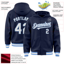 Laden Sie das Bild in den Galerie-Viewer, Custom Navy White-Light Blue Bomber Full-Snap Varsity Letterman Hoodie Jacket
