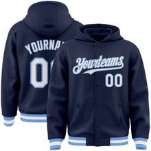 Laden Sie das Bild in den Galerie-Viewer, Custom Navy White-Light Blue Bomber Full-Snap Varsity Letterman Hoodie Jacket
