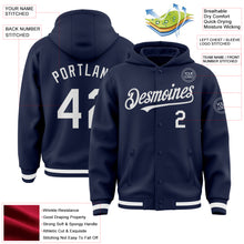 Load image into Gallery viewer, Custom Navy White Bomber Full-Snap Varsity Letterman Hoodie Jacket
