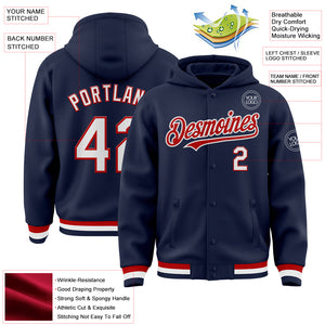 Custom Navy White-Red Bomber Full-Snap Varsity Letterman Hoodie Jacket