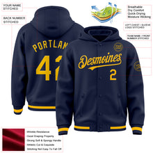 Load image into Gallery viewer, Custom Navy Gold Bomber Full-Snap Varsity Letterman Hoodie Jacket
