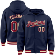 Laden Sie das Bild in den Galerie-Viewer, Custom Navy Maroon-Cream Bomber Full-Snap Varsity Letterman Hoodie Jacket
