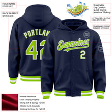 Charger l&#39;image dans la galerie, Custom Navy Neon Green-White Bomber Full-Snap Varsity Letterman Hoodie Jacket
