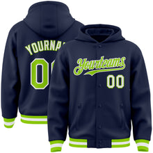 Laden Sie das Bild in den Galerie-Viewer, Custom Navy Neon Green-White Bomber Full-Snap Varsity Letterman Hoodie Jacket
