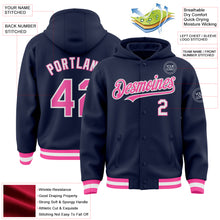 Load image into Gallery viewer, Custom Navy Pink-White Bomber Full-Snap Varsity Letterman Hoodie Jacket
