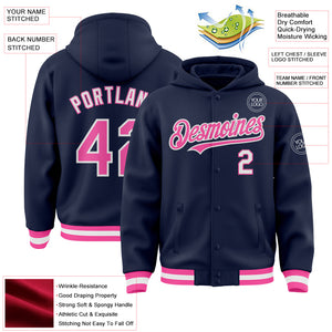 Custom Navy Pink-White Bomber Full-Snap Varsity Letterman Hoodie Jacket