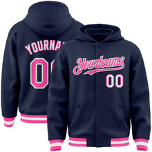 Load image into Gallery viewer, Custom Navy Pink-White Bomber Full-Snap Varsity Letterman Hoodie Jacket
