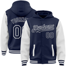 Загрузить изображение в средство просмотра галереи, Custom Navy White Bomber Full-Snap Varsity Letterman Two Tone Hoodie Jacket
