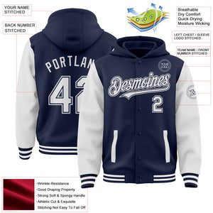 Custom Navy White Bomber Full-Snap Varsity Letterman Two Tone Hoodie Jacket