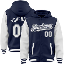 Charger l&#39;image dans la galerie, Custom Navy White Bomber Full-Snap Varsity Letterman Two Tone Hoodie Jacket
