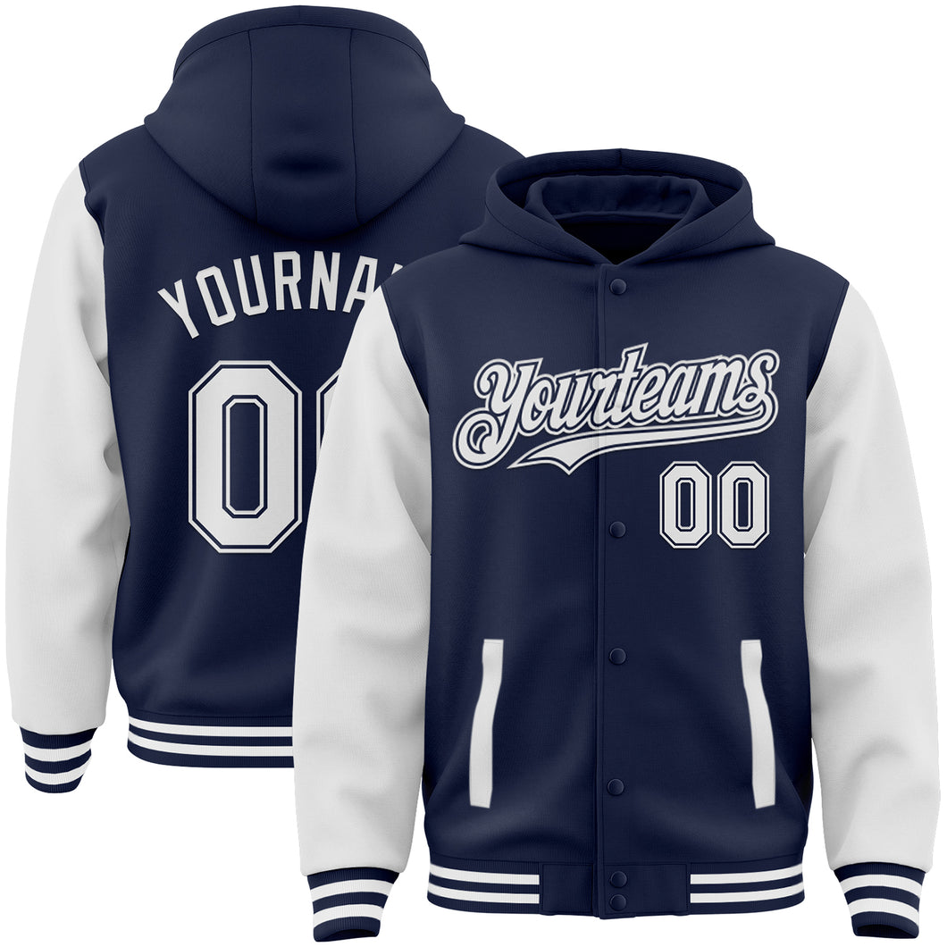 Custom Navy White Bomber Full-Snap Varsity Letterman Two Tone Hoodie Jacket