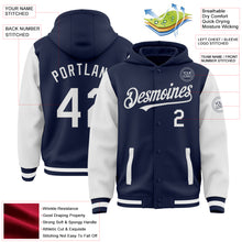 Laden Sie das Bild in den Galerie-Viewer, Custom Navy White Bomber Full-Snap Varsity Letterman Two Tone Hoodie Jacket
