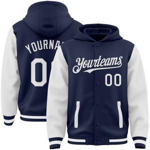 Custom Navy White Bomber Full-Snap Varsity Letterman Two Tone Hoodie Jacket