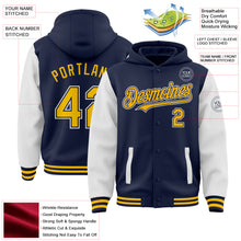 Charger l&#39;image dans la galerie, Custom Navy Gold-White Bomber Full-Snap Varsity Letterman Two Tone Hoodie Jacket
