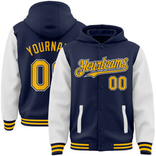 Charger l&#39;image dans la galerie, Custom Navy Gold-White Bomber Full-Snap Varsity Letterman Two Tone Hoodie Jacket
