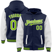 Charger l&#39;image dans la galerie, Custom Navy Neon Green-White Bomber Full-Snap Varsity Letterman Two Tone Hoodie Jacket
