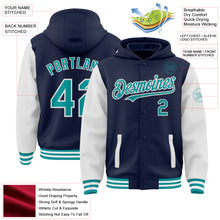 Загрузить изображение в средство просмотра галереи, Custom Navy Teal-White Bomber Full-Snap Varsity Letterman Two Tone Hoodie Jacket
