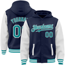 Загрузить изображение в средство просмотра галереи, Custom Navy Teal-White Bomber Full-Snap Varsity Letterman Two Tone Hoodie Jacket
