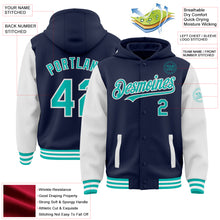 Charger l&#39;image dans la galerie, Custom Navy Aqua-White Bomber Full-Snap Varsity Letterman Two Tone Hoodie Jacket
