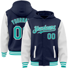 Charger l&#39;image dans la galerie, Custom Navy Aqua-White Bomber Full-Snap Varsity Letterman Two Tone Hoodie Jacket
