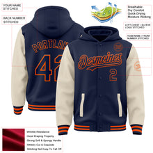 Загрузить изображение в средство просмотра галереи, Custom Navy Cream-Orange Bomber Full-Snap Varsity Letterman Two Tone Hoodie Jacket
