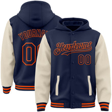 Laden Sie das Bild in den Galerie-Viewer, Custom Navy Cream-Orange Bomber Full-Snap Varsity Letterman Two Tone Hoodie Jacket
