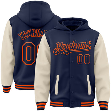 Custom Navy Cream-Orange Bomber Full-Snap Varsity Letterman Two Tone Hoodie Jacket