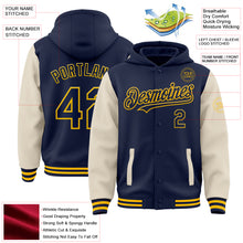 Laden Sie das Bild in den Galerie-Viewer, Custom Navy Cream-Gold Bomber Full-Snap Varsity Letterman Two Tone Hoodie Jacket
