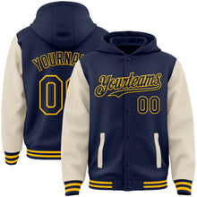 Laden Sie das Bild in den Galerie-Viewer, Custom Navy Cream-Gold Bomber Full-Snap Varsity Letterman Two Tone Hoodie Jacket
