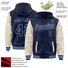 Charger l&#39;image dans la galerie, Custom Navy Cream-Light Blue Bomber Full-Snap Varsity Letterman Two Tone Hoodie Jacket
