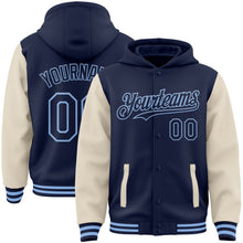 Charger l&#39;image dans la galerie, Custom Navy Cream-Light Blue Bomber Full-Snap Varsity Letterman Two Tone Hoodie Jacket
