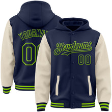 Charger l&#39;image dans la galerie, Custom Navy Cream-Neon Green Bomber Full-Snap Varsity Letterman Two Tone Hoodie Jacket
