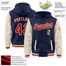 Laden Sie das Bild in den Galerie-Viewer, Custom Navy Red-Cream Bomber Full-Snap Varsity Letterman Two Tone Hoodie Jacket
