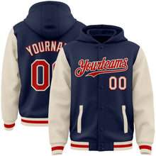 Загрузить изображение в средство просмотра галереи, Custom Navy Red-Cream Bomber Full-Snap Varsity Letterman Two Tone Hoodie Jacket
