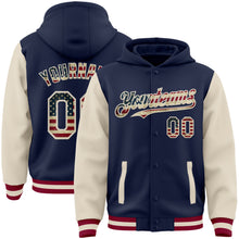 Laden Sie das Bild in den Galerie-Viewer, Custom Navy Vintage USA Flag Cream-Maroon Bomber Full-Snap Varsity Letterman Two Tone Hoodie Jacket
