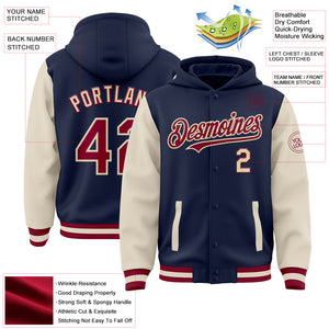 Custom Navy Maroon-Cream Bomber Full-Snap Varsity Letterman Two Tone Hoodie Jacket