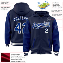 Load image into Gallery viewer, Custom Navy Royal-White Bomber Full-Snap Varsity Letterman Two Tone Hoodie Jacket
