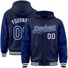 Load image into Gallery viewer, Custom Navy Royal-White Bomber Full-Snap Varsity Letterman Two Tone Hoodie Jacket
